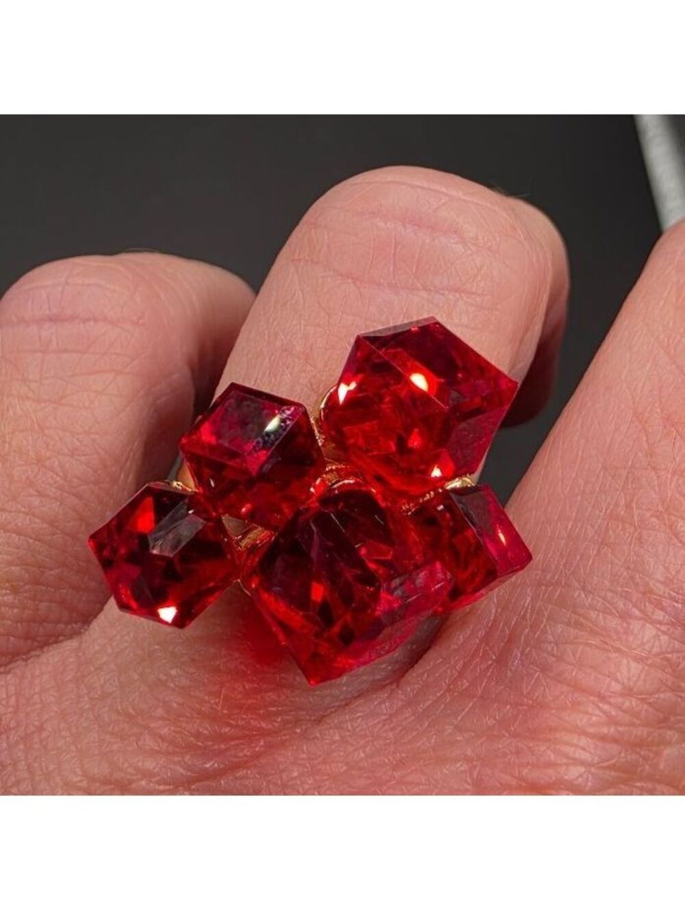 Women's Red 3D Cube Design Fashion Ring with Faux Crystal Inlays